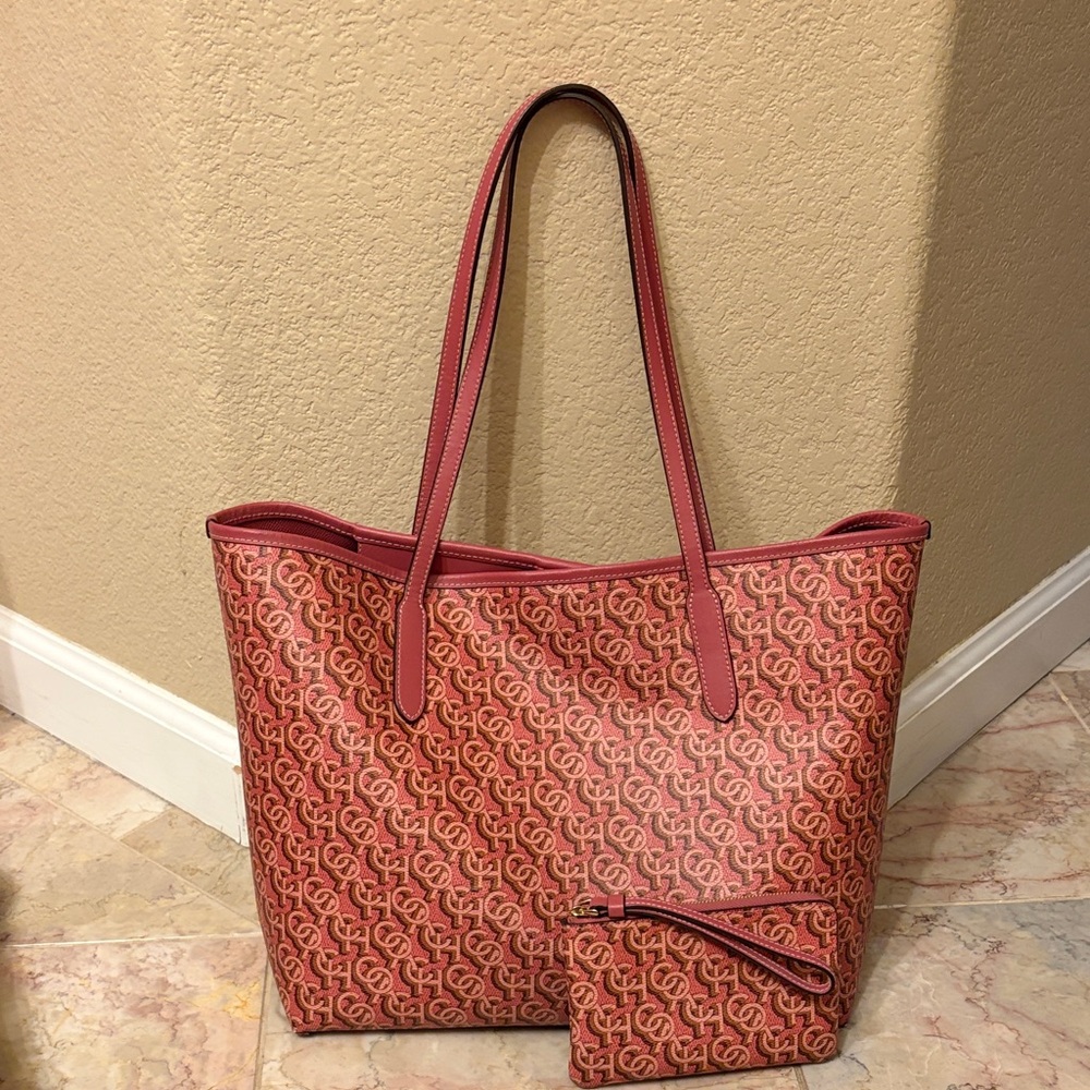 Coach Pink and Tan Signature Tote with Wristlet